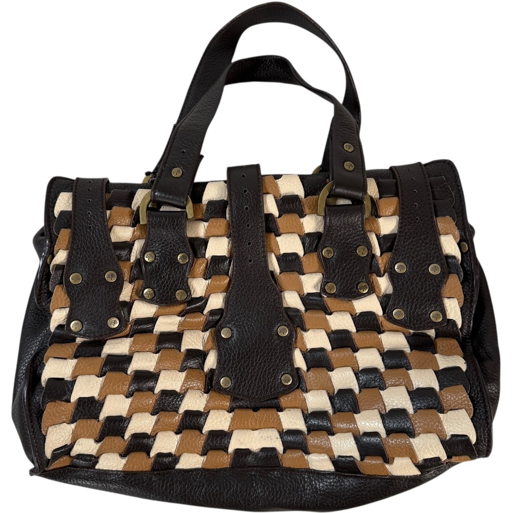 Mulberry Roxanne Bag Tricolor Woven Leather Satchel Brown Black Cream Rare‎ VTG